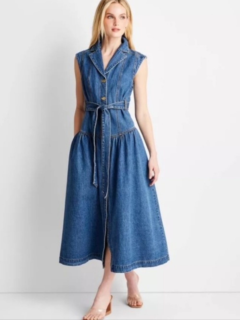 Universal Thread Denim Belted Button-Front Maxi Dress in Light Blue